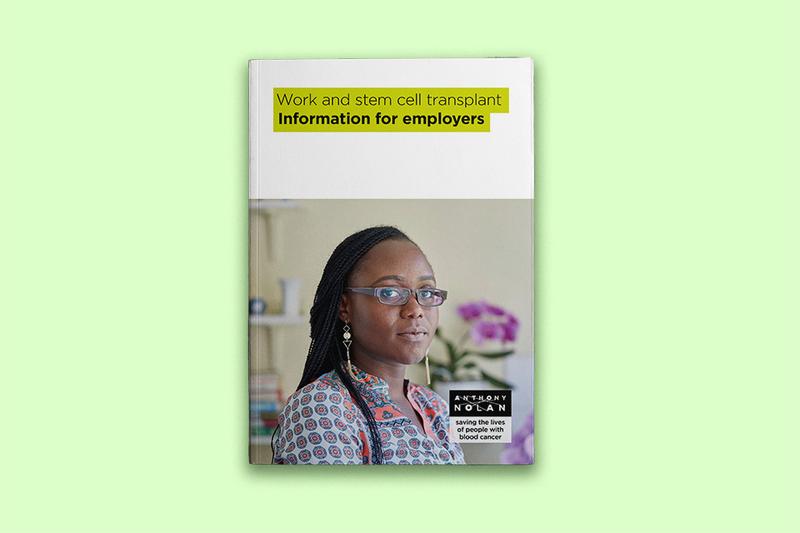 A booklet cover with the title 'Work and Stem Cell Transplants. Information for employers'