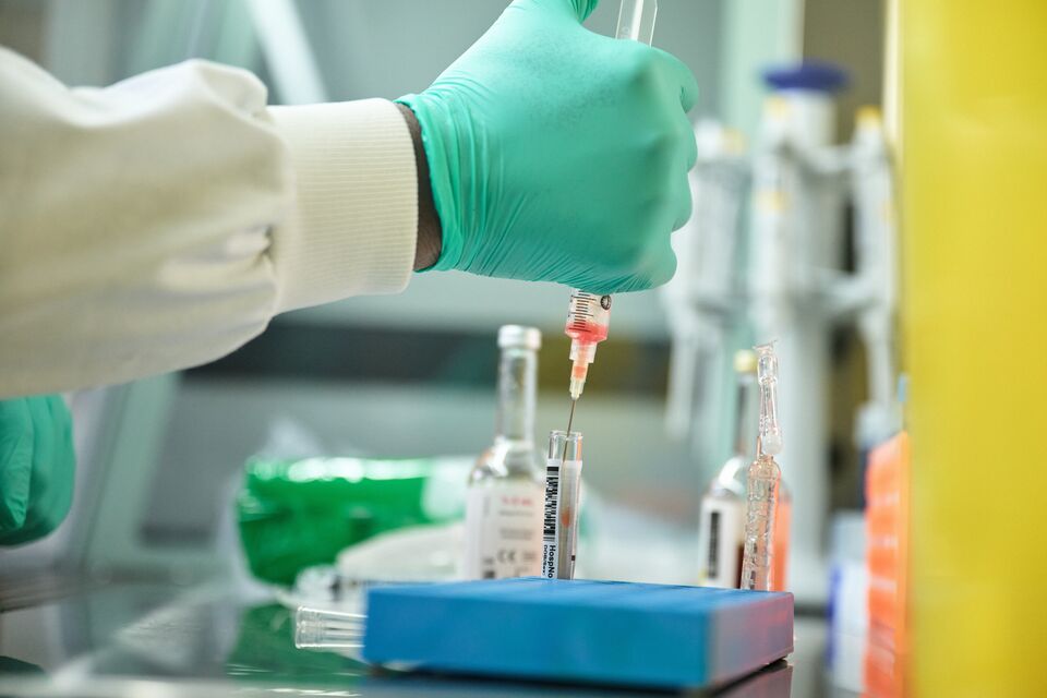 Gloved hands insert stem cell sample into testing tube.
