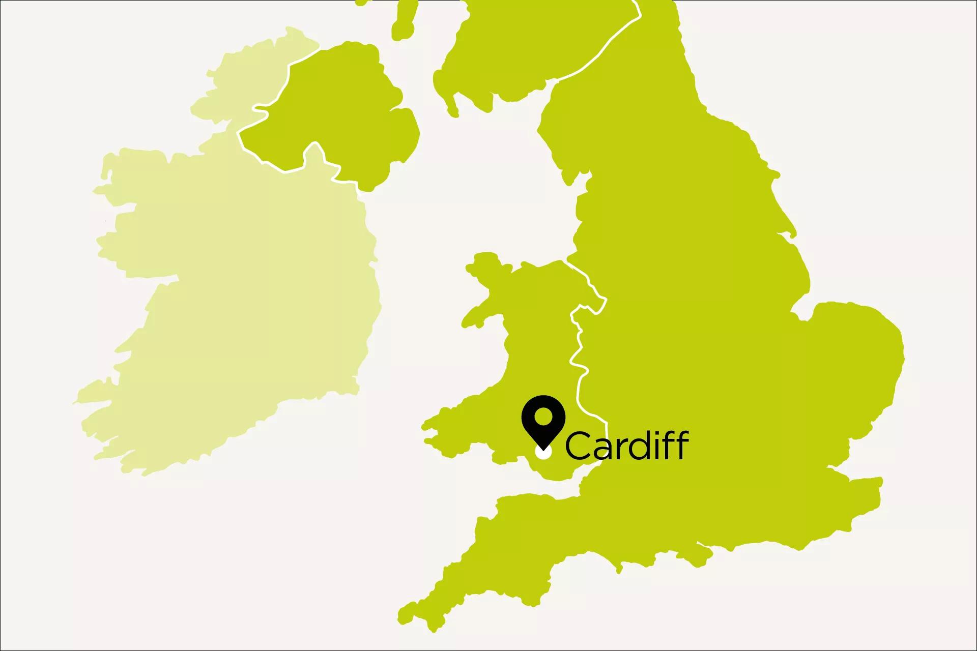 Map of UK with Cardiff pinpoint