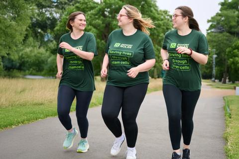 3 women running in Anthony Nolan t-shirts