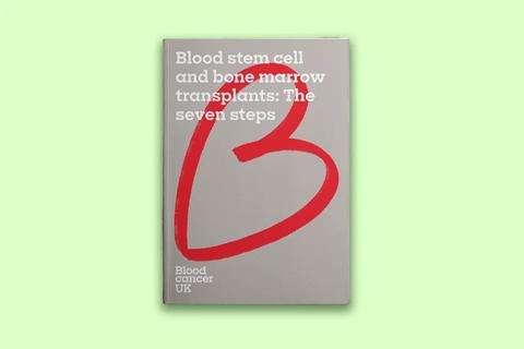 A booklet cover with the title Blood stem cell and bone marrow transplants: The seven steps.