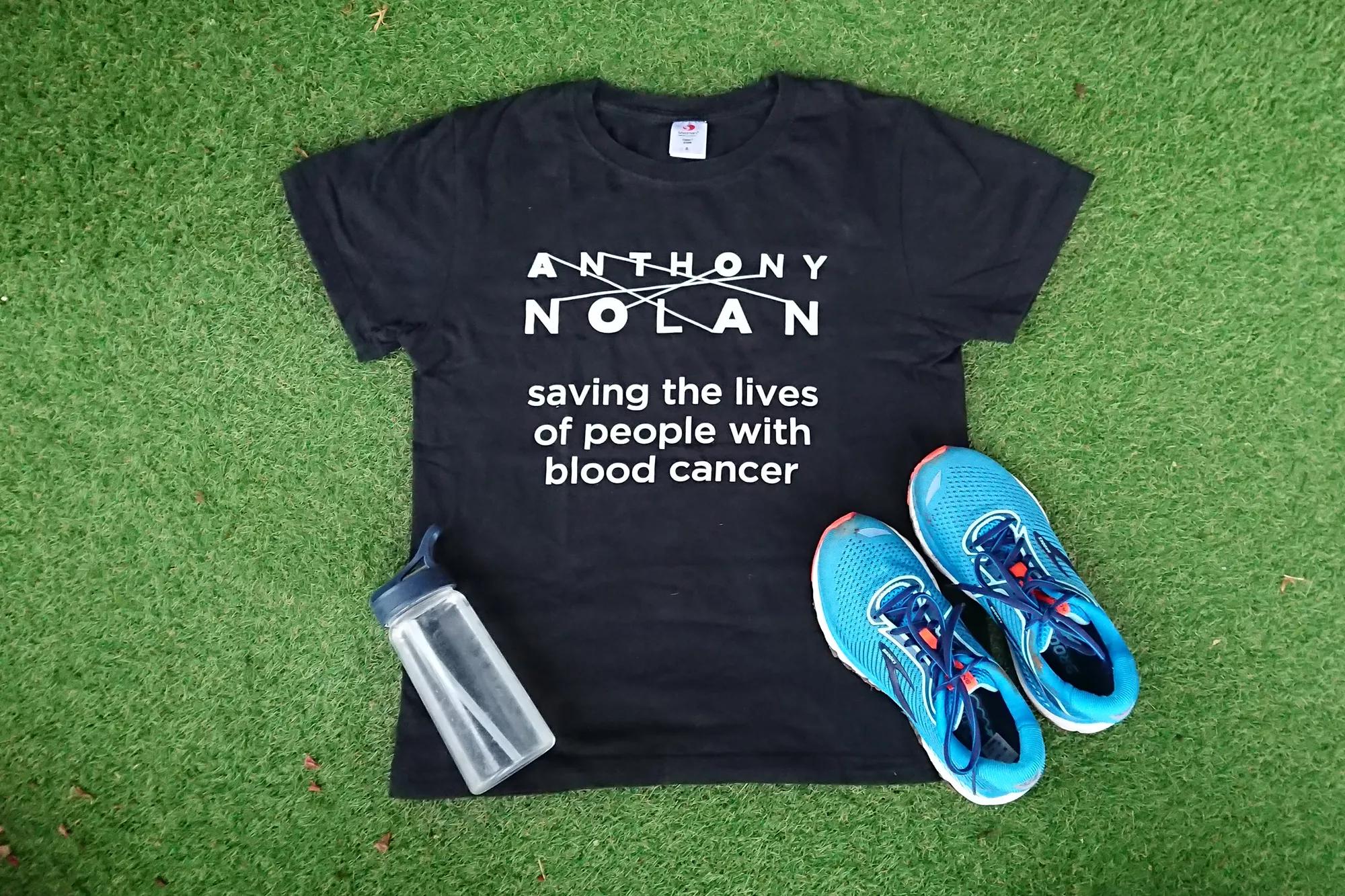 Anthony Nolan t-shirt, water bottle and running shoes