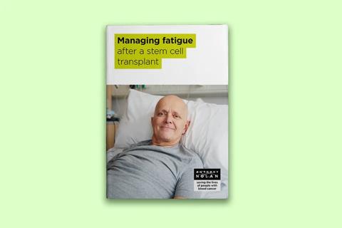 A booklet cover with the title Managing Fatigue and a photo of a male patient lying in a hospital bed.