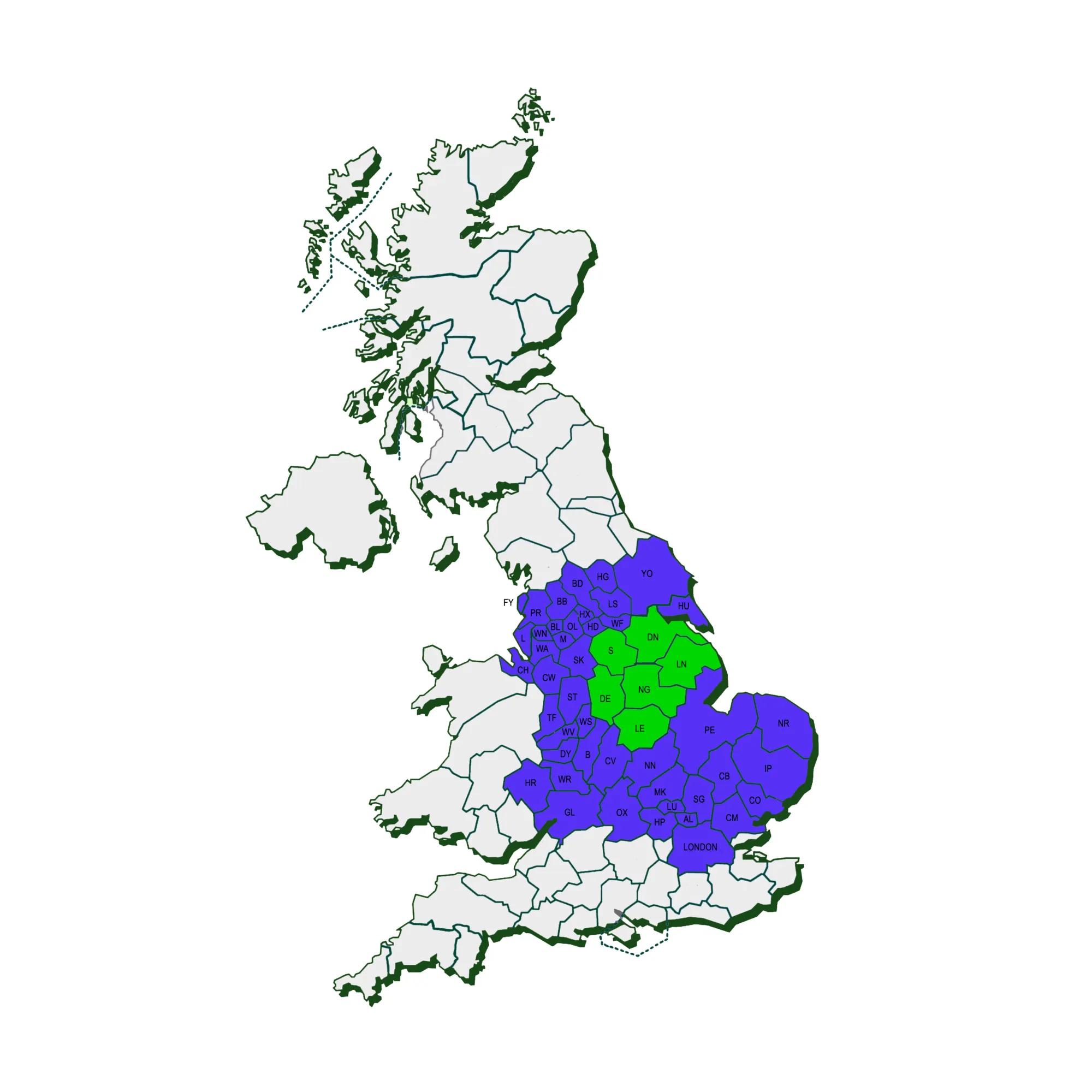 Map of UK with postcodes in the midlands highlighted in green and purple