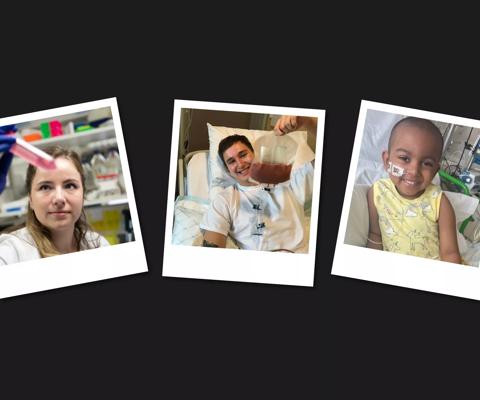 From left to right, photos of Kathryn Strange, PhD Student in Research, Jacob, Donor and Esha, a transplant recipient 