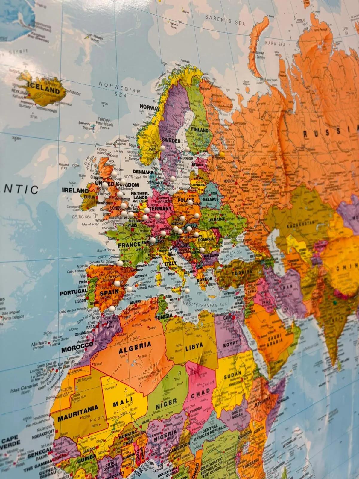A map of the world with pins showing the countries stem cells donated at the ANCCC have been sent to.