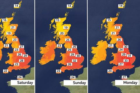 A graphic showing the UK temperatures increasing across a weekend