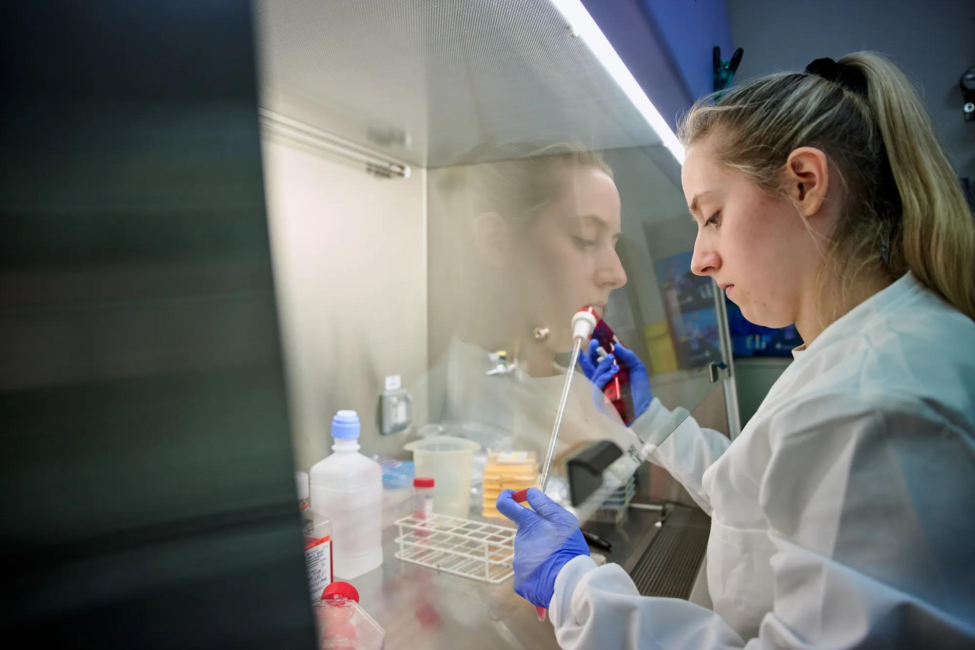 Researcher working under a flowhood