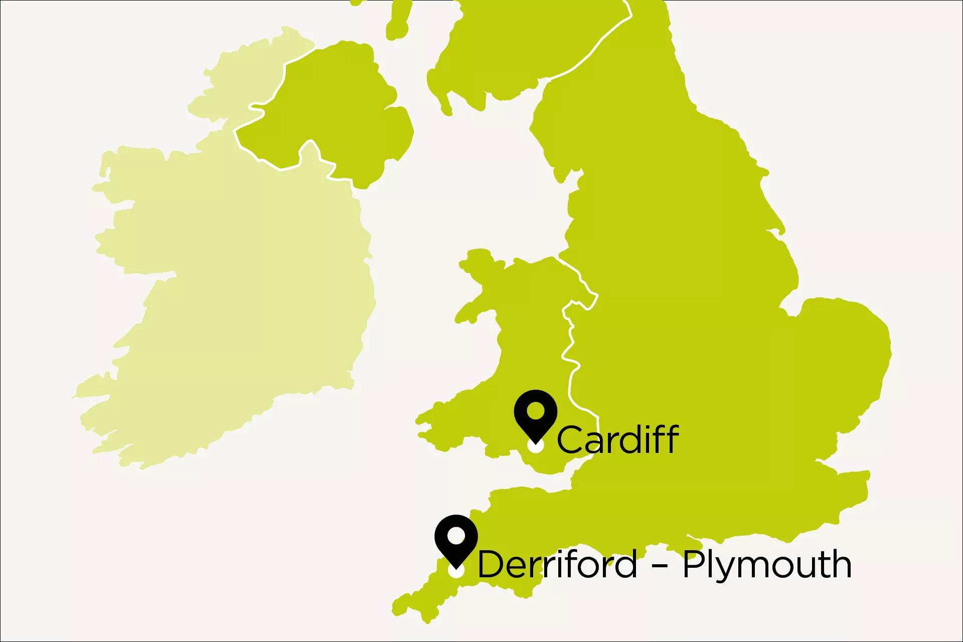 Map of UK with Cardiff and Derriford-Plymouth pinpoints