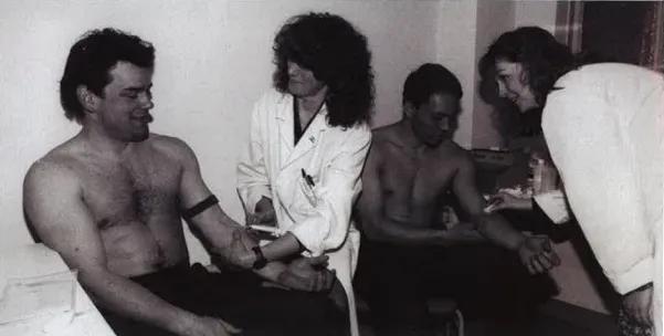 Rugby players Will Carling and Rory Underwood having blood samples taken when the England Rugby Team joined the Anthony Nolan register in the early 1990s