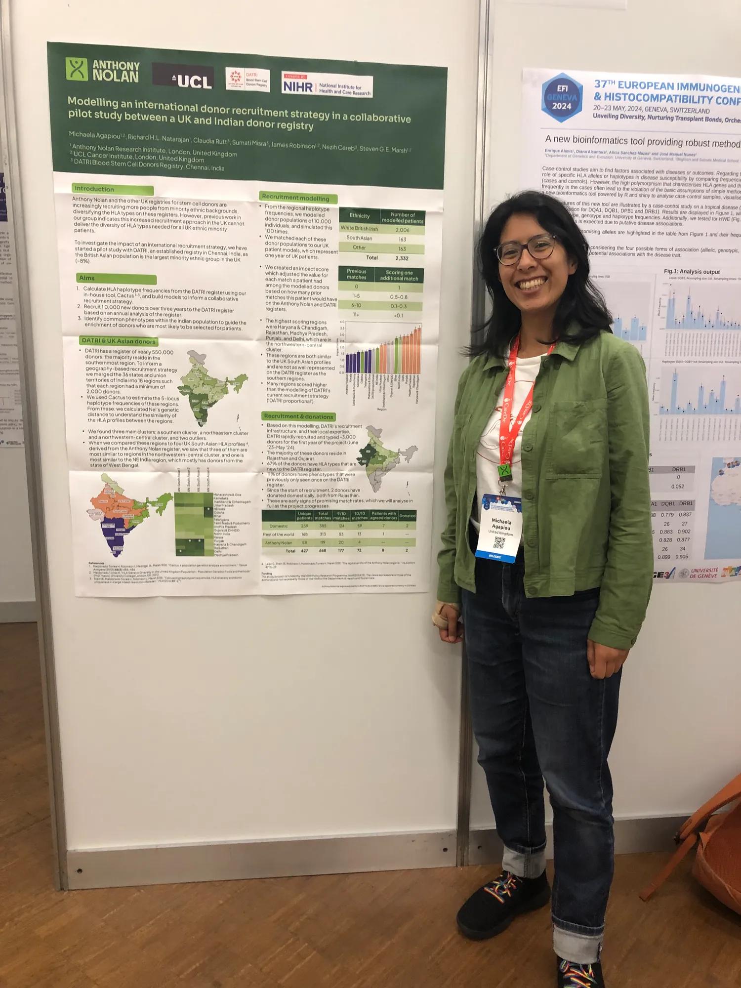 A scientist smiling next to a scientific poster at a conference