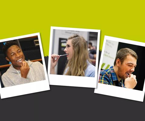 Three images of young people swabbing their mouths in order to join the stem cell register