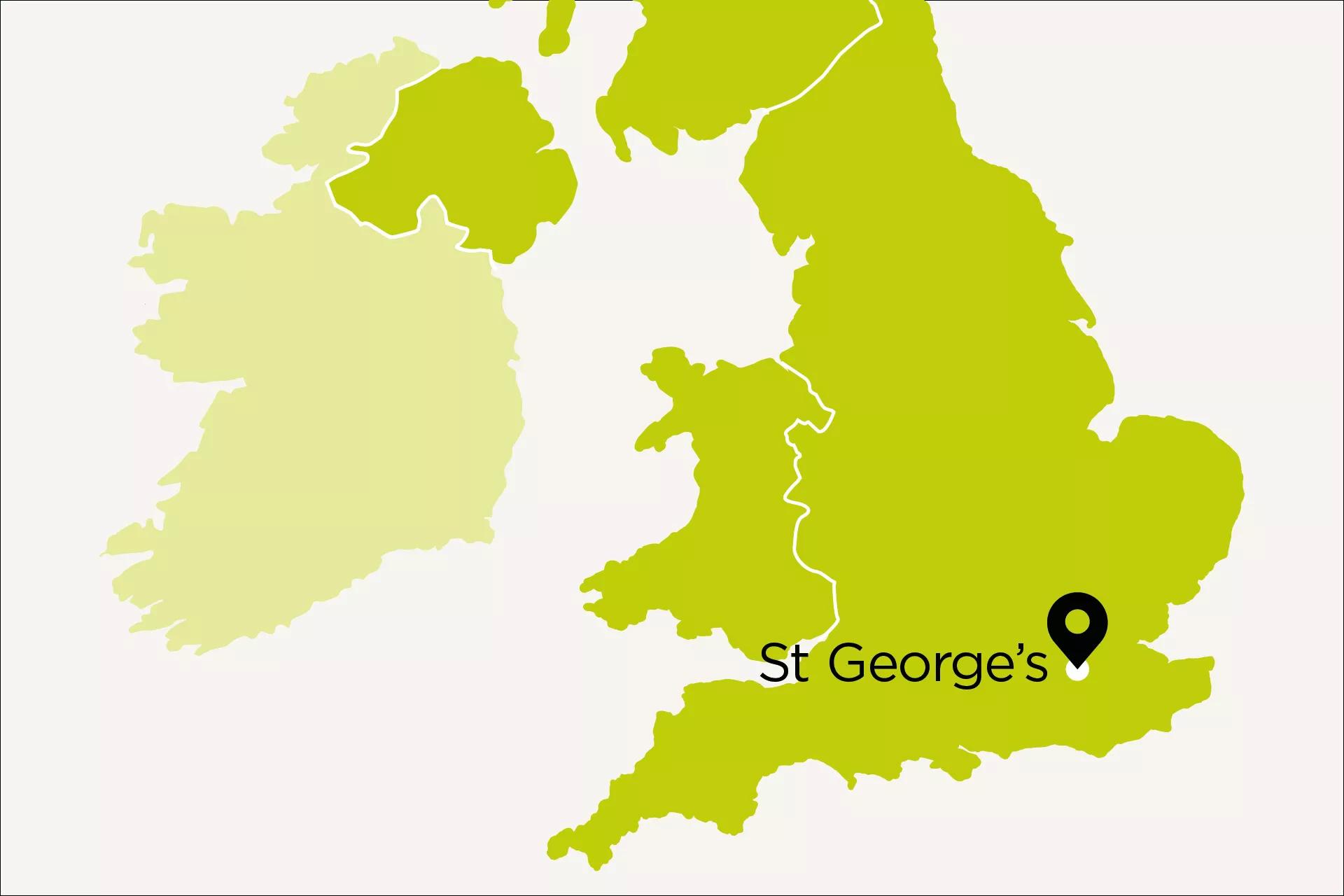 Map of UK with St. George's pinpoint