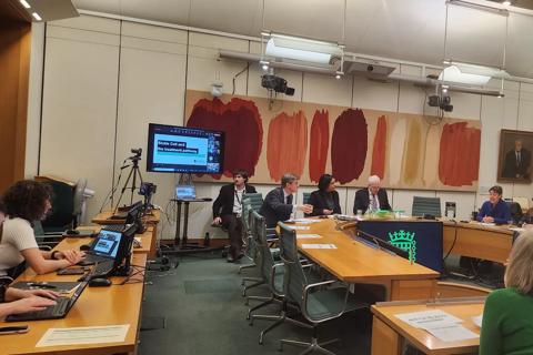 12 people sitting in a boardroom with a screen at the front which reads Sickle cell and the treatment pathway