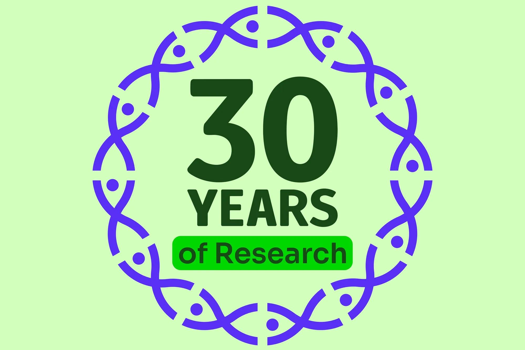 Anthony Nolan branded logo reading 30 years of Research