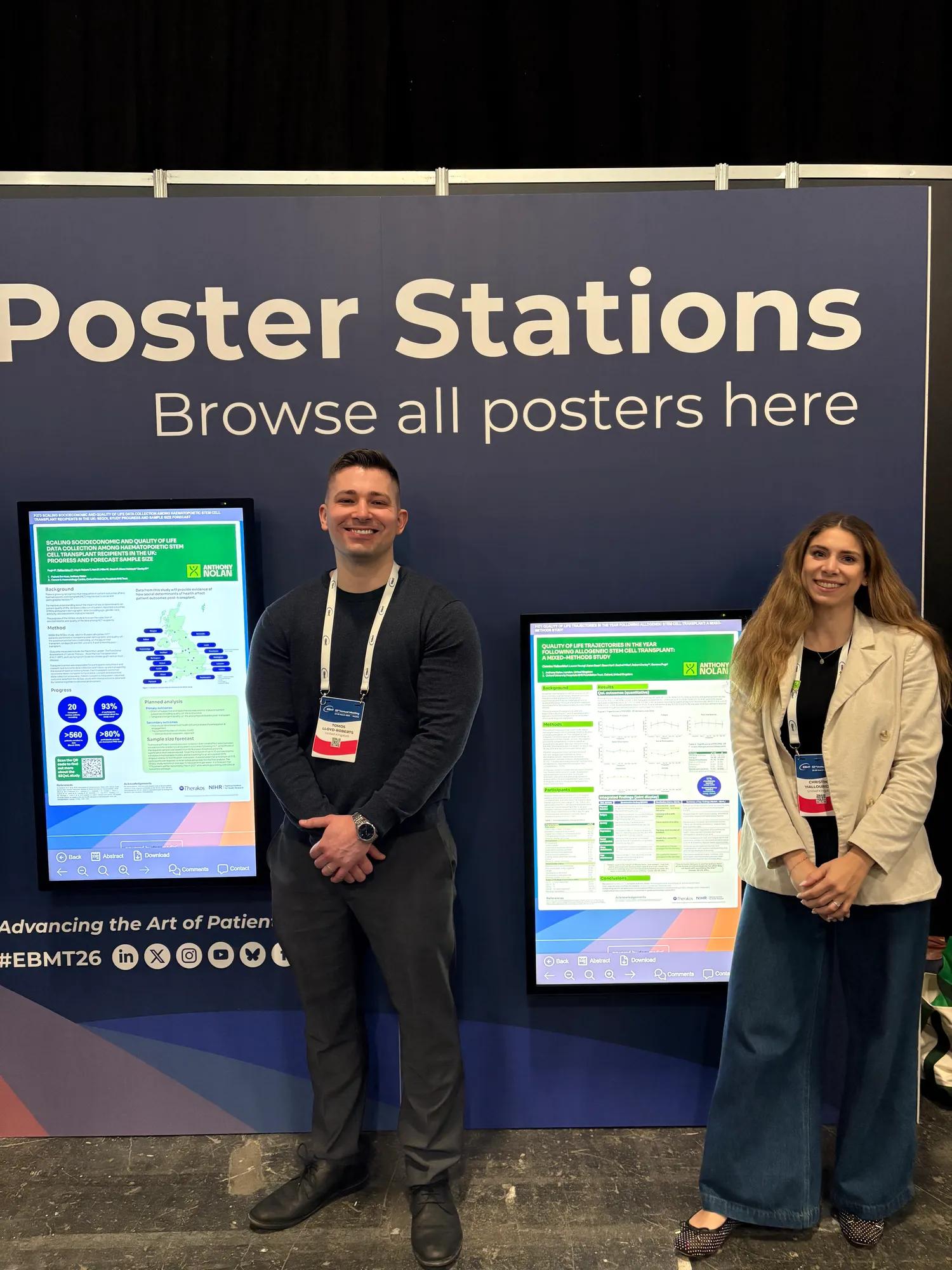 Tomos and Christina presenting their research at EBMT 2026
