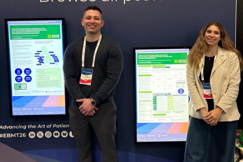 Tomos and Christina presenting their research at EBMT 2026