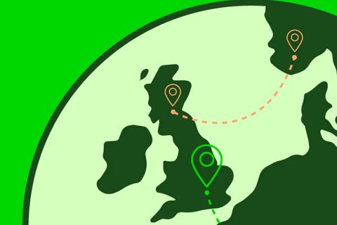 A green graphic of a globe with connecting pins showing connections across the world