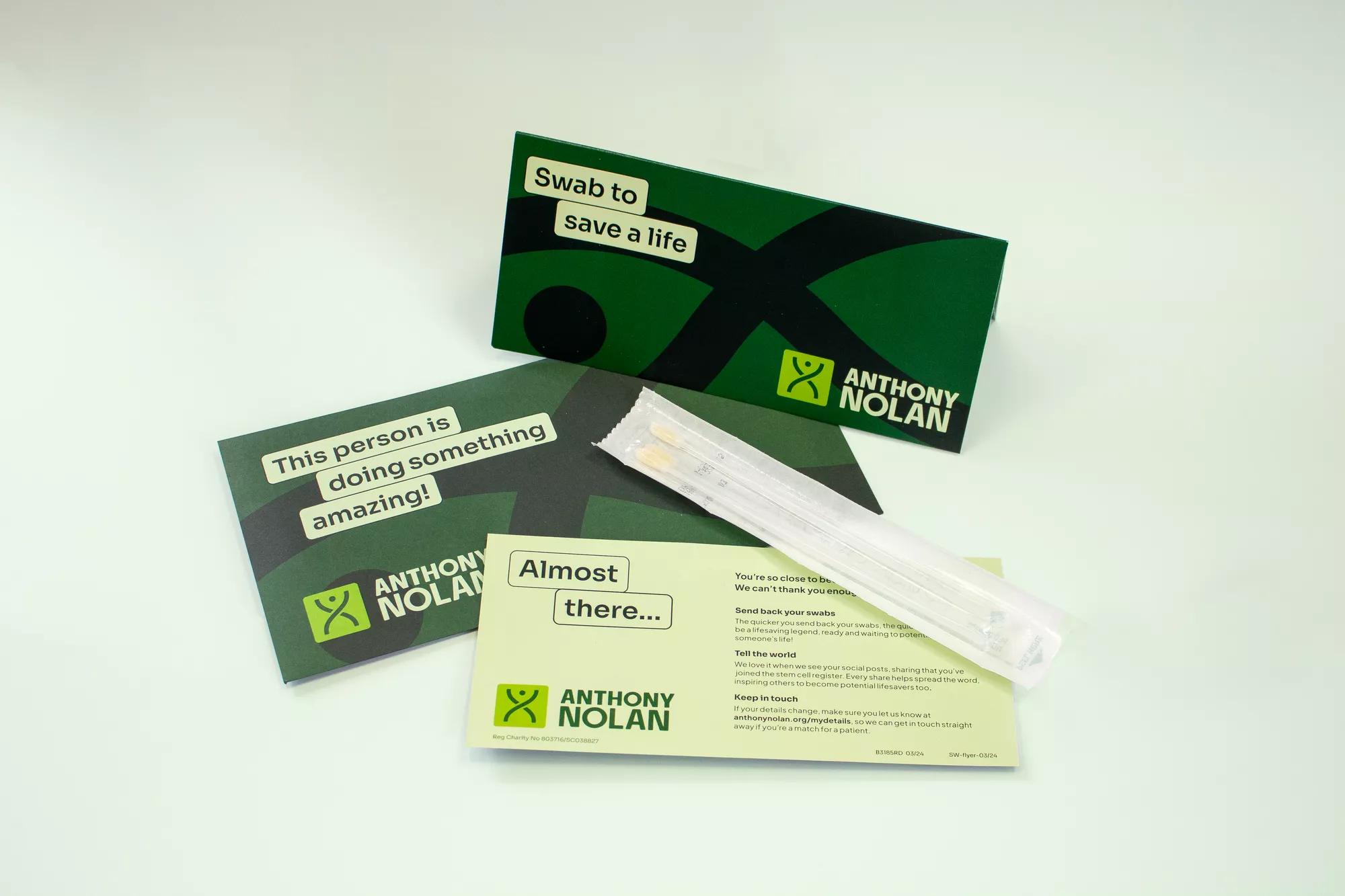Layout of materials provided in the Antyhony Nolan Swab pack, received by those who sign up to join the Anthony Nolan stem cell register
