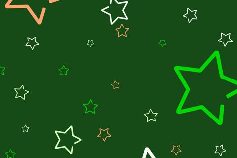 A graphic of pastel orange, green and white stars on a dark green background 