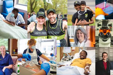 A series of photos showing what we do, Nurses, Donors, Patients, fundraising events and scientists.
