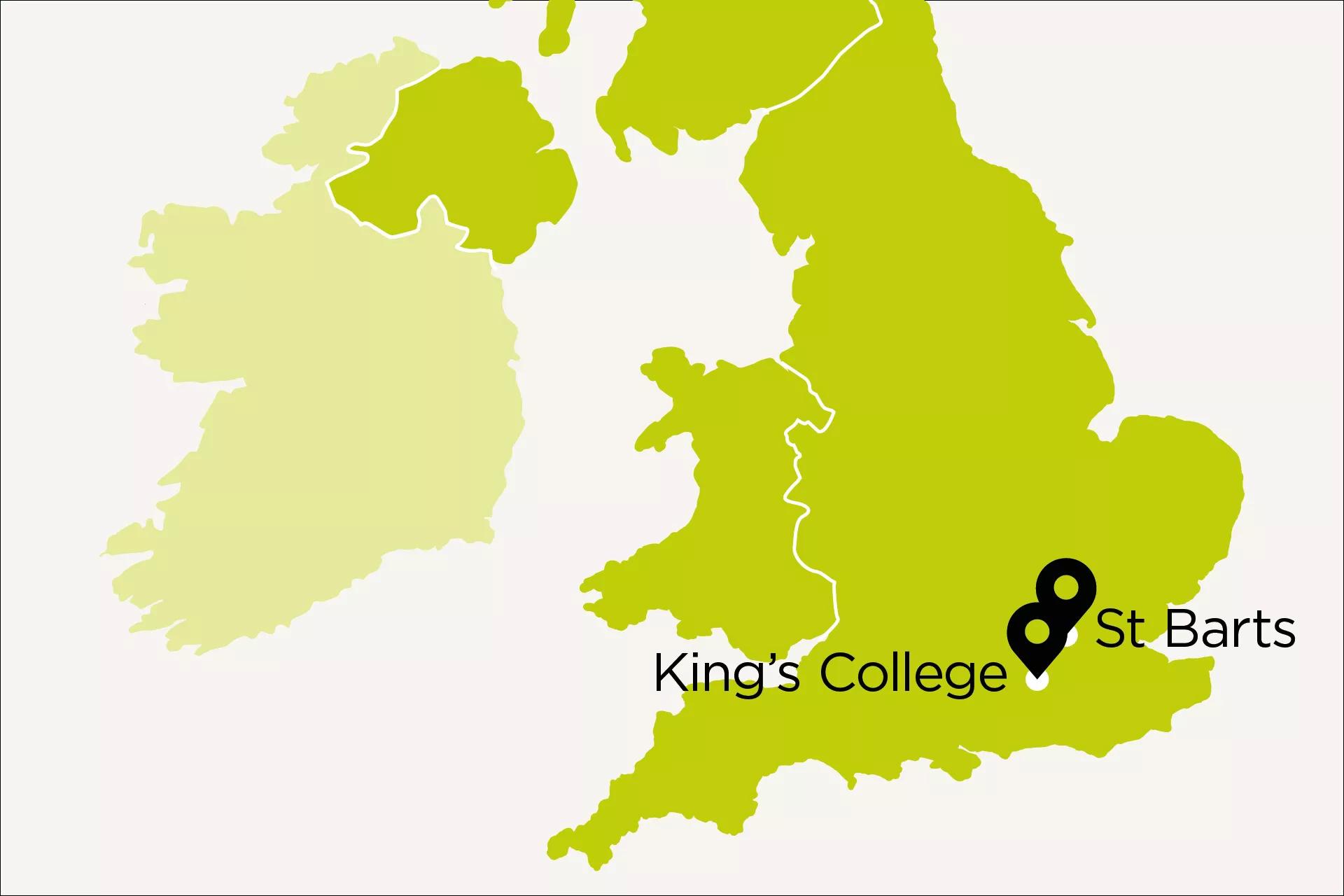 Map of UK with King's College and St. Barts pinpoints