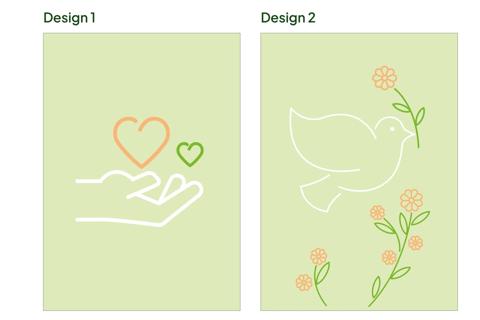 Graphic showing the two designs of our condolence cards. They're both light green. One has a hand with hearts on, and the other has a dove with flowers.