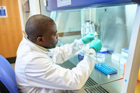 Scientist tests donated stem cells in fume hood with pipette.