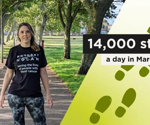 Woman in Anthony Nolan top outdoors for the 14000 steps a day challenge in March