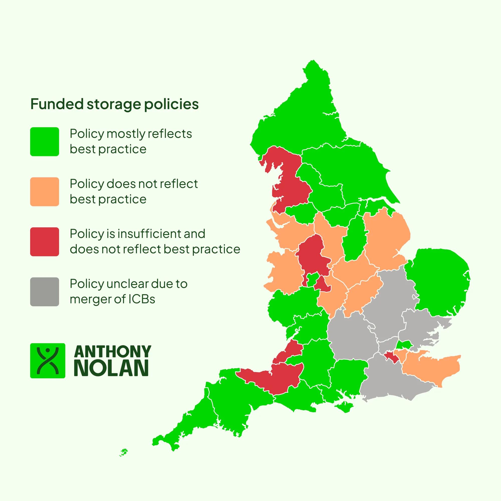 A map of England reflecting which area's poloicies reflect best practice guidelines