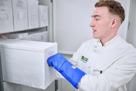 Researcher examining material within a clinical cryogenic refrigerator