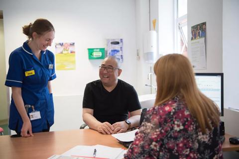 Patient, Xing Zhang, with CNS Sarah Ware and Consultant Dr Victoria Potter