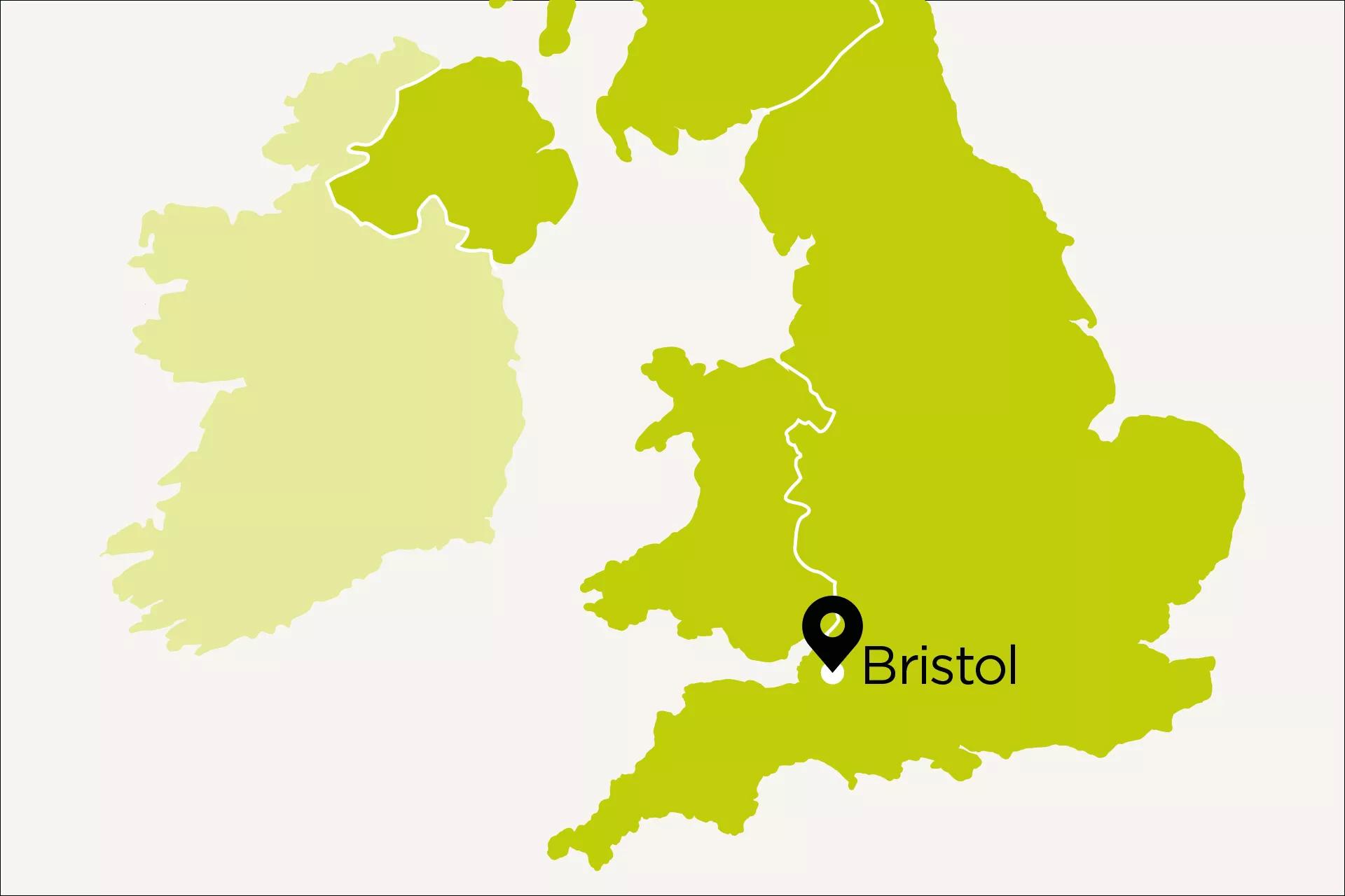 Map of UK with Bristol pinpoint