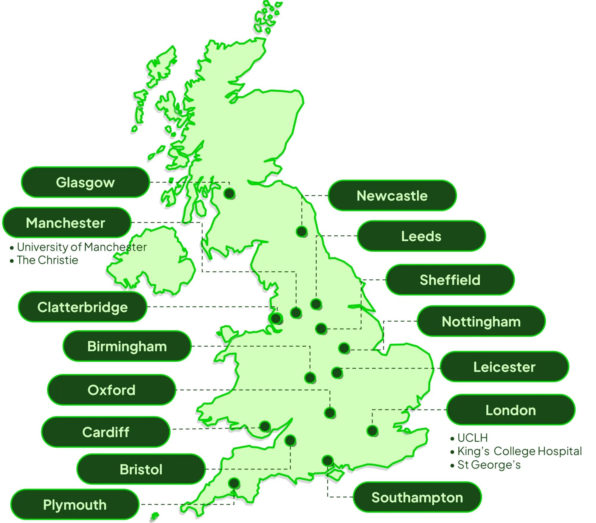 A map of the UK showing transplant centres that are actively recruiting to the SEQoL study as of August 2025
