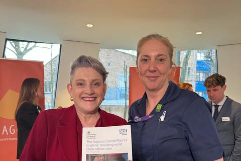 Rachel Miller, Lead Nurse and Head of Patient Services at Anthony Nolan, standing next to Ashley Dalton MP, former Minister for Health and Social Care, at the launch event of the National Cancer Plan for England.