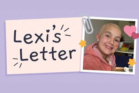 A young cancer patient smiling, next to a hand-drawn title saying Lexi's Letter