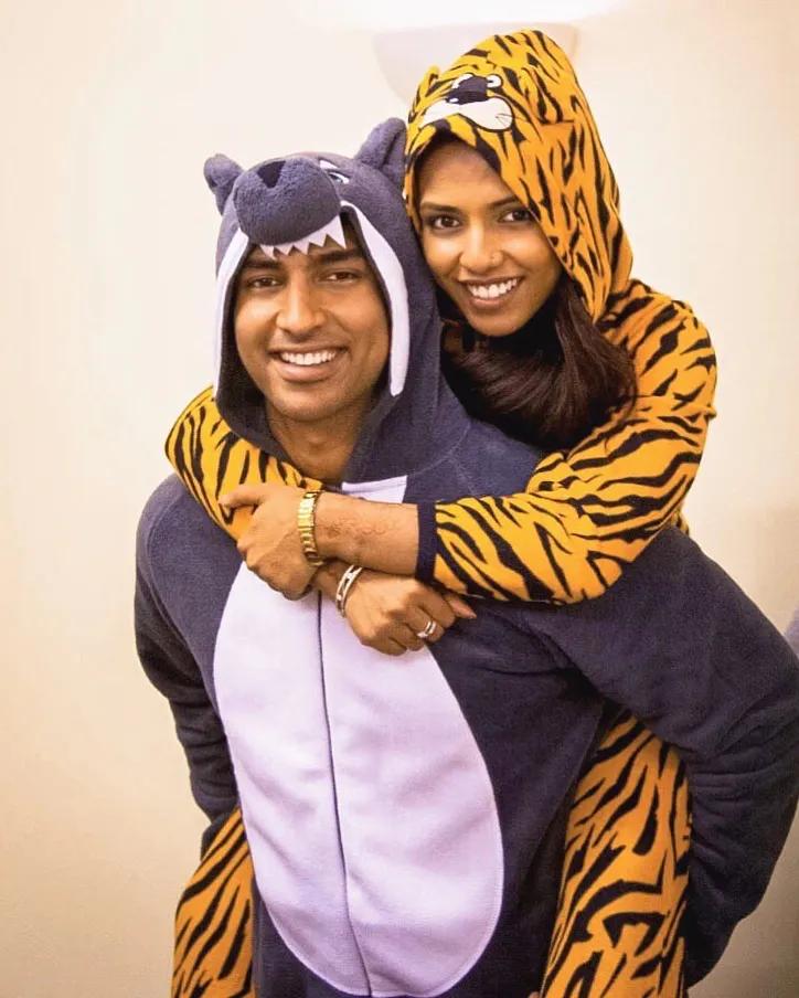 Kash and Riya in animal onsies