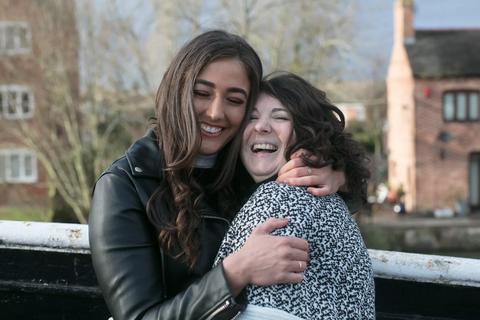 Claire hugging her stem cell donor, Imogen, at their first meeting.
