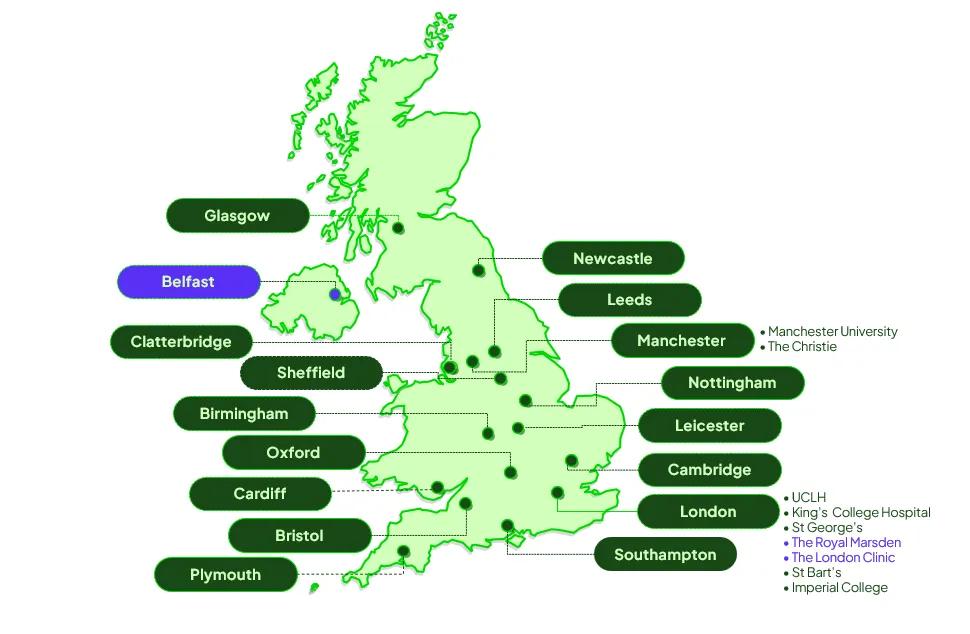 A map of UK transplant centres recruiting for the SEQoL study as of May 2026