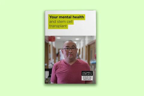 A booklet cover with the title Your Mental Health and Stem Cell Transplant and a photo of a male patient lying stood in a hospital corridor.